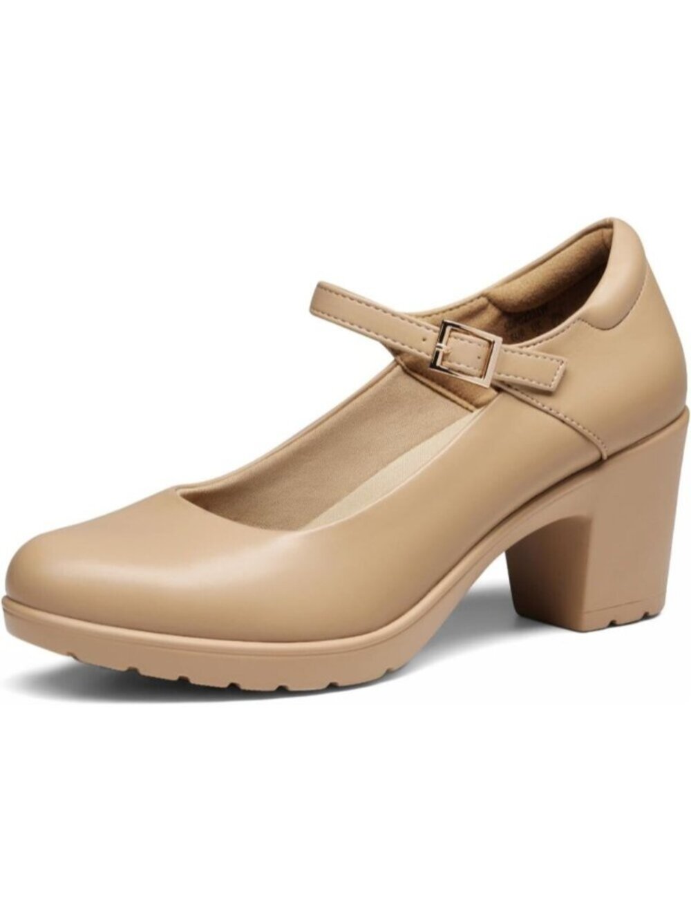 Women's Nude Leather Round Toe Low Chunky Buckle Mary Jane Arch Support Heels